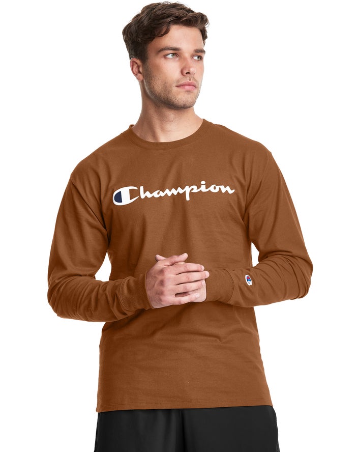 Champion Mens T-Shirt NZ - Classic Long-Sleeve Script Logo Brown ( 7638-NGHOT )